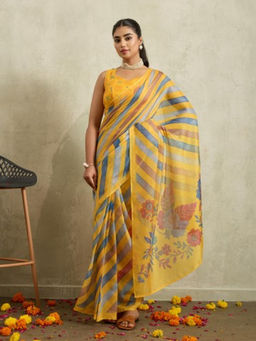 RACHNA - Yellow Floral Print Chiffon Predrape Saree