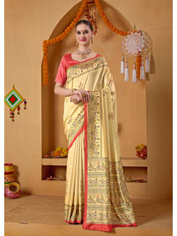 RACHNA - Beige Kalamkari Print Art Silk Predrape Saree