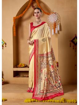 RACHNA - Cream Kalamkari Print Art Silk Predrape Saree