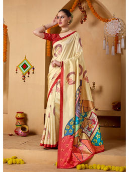 RACHNA - Cream Hand Print Art Silk Predrape Saree