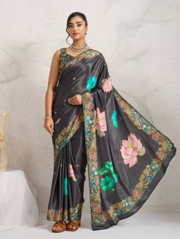 RACHNA - Black Floral Print Chiffon Predrape Saree