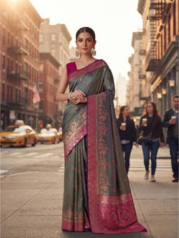Monjolika Fashion - Olive Ethnic Motifs Woven Design Zari Banarasi Saree