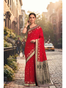 Monjolika Fashion - Dark Red Ethnic Motifs Woven Design Zari Banarasi Saree