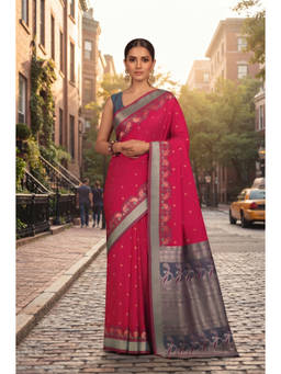 Monjolika Fashion - Dark Pink Ethnic Motifs Woven Design Zari Banarasi Saree