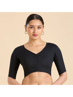 Studio Shringaar - Black Handloom Cotton Plain Side Stretch Readymade Saree Blouse