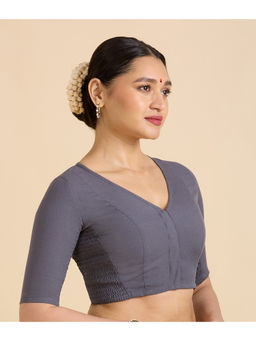 Studio Shringaar - Women's Thick Grey Handloom Cotton Plain Side Stretch Readymade Saree Blouse