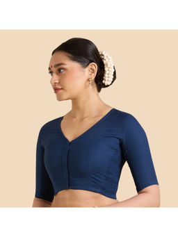 Studio Shringaar - Navy Blue Handloom Cotton Plain Side Stretch Readymade Saree Blouse