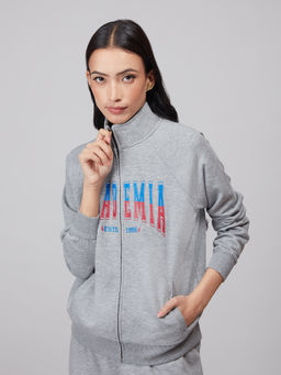 Twenty Dresses by Nykaa Fashion - Basics Grey Zipped Graphic Sweatshirt
