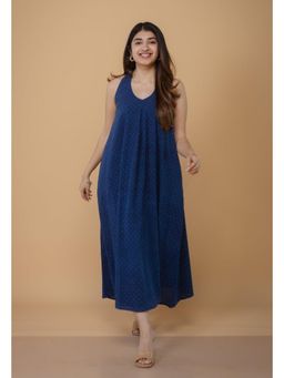 The Indian Ethnic Co. - Tashi Blue Ajrakh Cotton A Line Dress