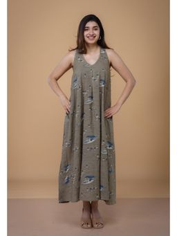 The Indian Ethnic Co. - Tashi Grey Ajrakh Cotton A Line Dress