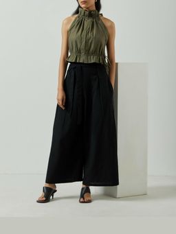 MARKKAH STUDIO - Olive Chambray Halter Neck Solid Co-Ord Set