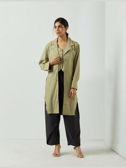 MARKKAH STUDIO - Green Chambray Notched Lapel Solid Co-Ord Set