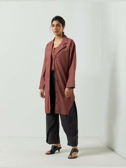 MARKKAH STUDIO - Maroon Chambray Notched Lapel Solid Co-Ord Set