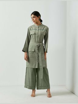 MARKKAH STUDIO - Olive Chambray Mandarin Neck Solid Shirt Co-Ord Set