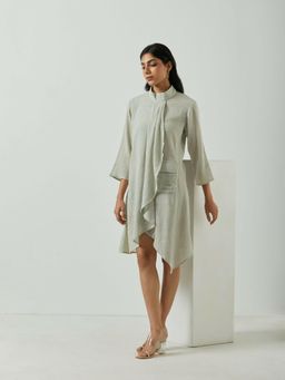 MARKKAH STUDIO - Blue Solid High Neck A-Line Knee Length Dress