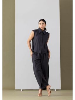 MARKKAH STUDIO - Navy Blue Chambray Collar Neck Solid Co-Ord Set
