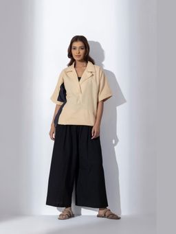 MARKKAH STUDIO - Beige Chambray Notched Lapel Solid Co-Ord Set