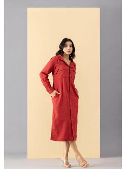 MARKKAH STUDIO - Red Solid Collar Neck A-Line Midi Dress