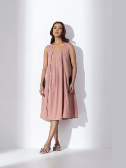 MARKKAH STUDIO - Pink Solid Square Neck A-Line Midi Dress