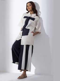 MARKKAH STUDIO - White Chambray Collar Neck Colo Block Co-Ord Set