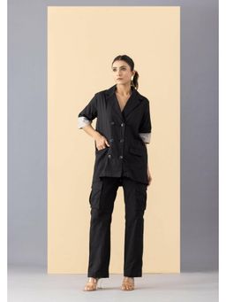 MARKKAH STUDIO - Black Chambray Notched Lapel Solid Co-Ord Set