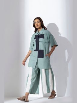 MARKKAH STUDIO - Green Chambray Collar Neck Colo Block Co-Ord Set