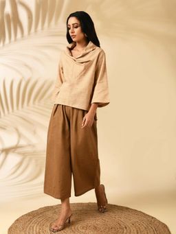 MARKKAH STUDIO - Beige Chambray Cowl Neck Solid Co-Ord Set
