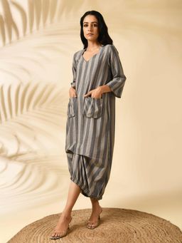 MARKKAH STUDIO - Beige Stripes V-Neck A-Line Midi Dress