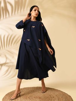 MARKKAH STUDIO - Indigo Embroidered Crew Neck A-Line Midi Dress