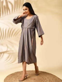MARKKAH STUDIO - Mauve Stripes Round Neck A-Line Midi Dress