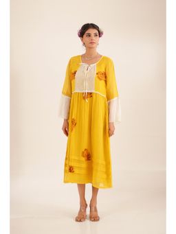 Tatwa Designs - Women Mustard Chanderi Floral Midi Dress