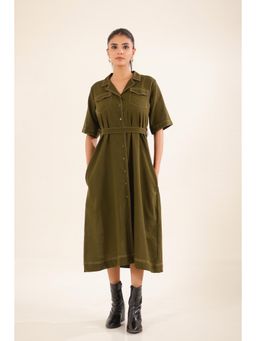 Tatwa Designs - Women Olive Cotton Solid Midi Dress