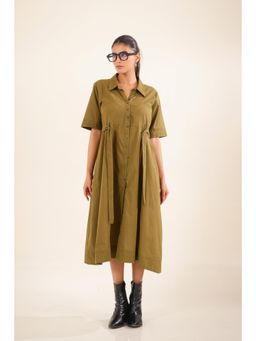 Tatwa Designs - Women Olive Cambric Solid Midi Dress