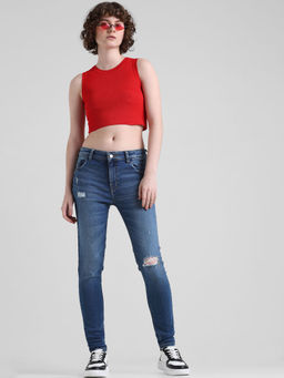 ONLY - Blue Mid Rise Distressed Skinny Fit Jeans