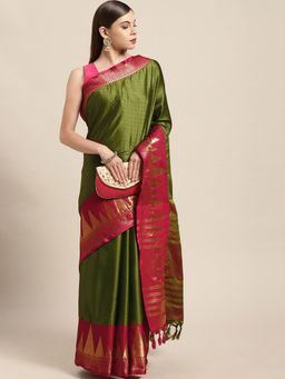 Vastranand - Green & Pink Woven Design Zari Silk Blend Banarasi Saree with Unstitched Blouse