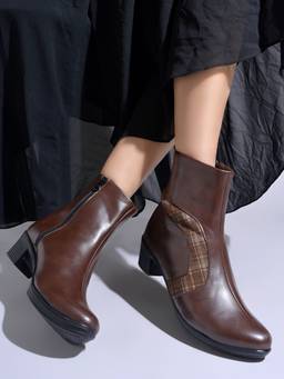 Shoetopia - Women Brown Plaid Accent Casual Boots