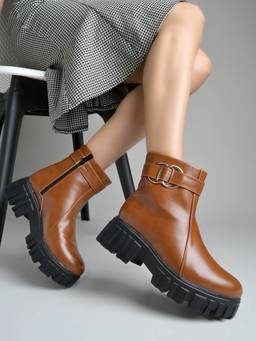 Shoetopia - Women Tan Buckled Casual Boots
