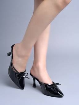 Shoetopia - Women Black Bow-Accented Pointed-Toe Mules Heels