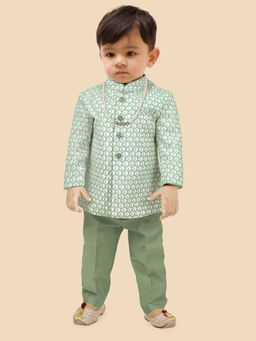 ETHNIKS NEURON - Boys Green Net Fabric Indo Printed Kurta with Pyjama (Set of 2)