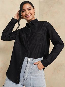 Styli - Black Oversized Longline Denim Shirt With Patch Pocket