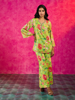 Gajra Gang - Frida Farida Lime Green Sequin Poppy Print Kurta with Pant GGFFCS02 (Set of 2)