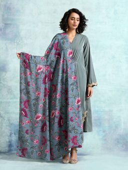 trueBrowns - Grey Printed Velvet Shawl