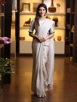 Beatitude - Light Beige Color Handwoven Linen Saree Zari Border with Unstitched Blouse