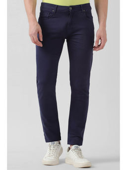 Peter England - Men Navy Textured Slim Tapered Casual Trousers