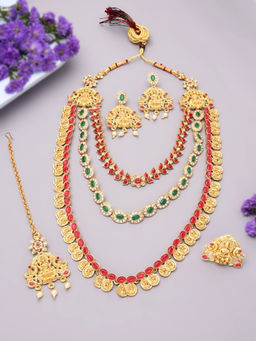 Zaveri Pearls - Green and Pink South Indian Temple Necklace Earring Maangtikka Ring Set-ZPFK11664