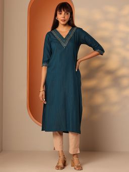 Libas - Women Teal Stripes Kurta
