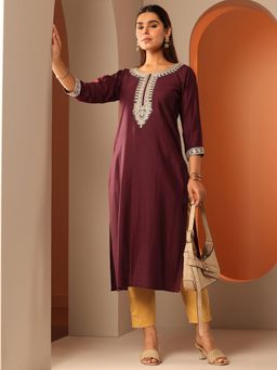 Libas - Women Burgundy Embroidered Kurta