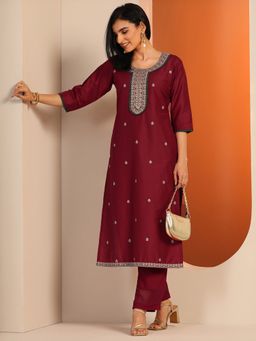 Libas - Women Maroon Embroidered Kurta