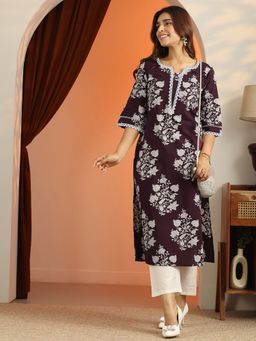 Libas - Women Wine Floral Kurta