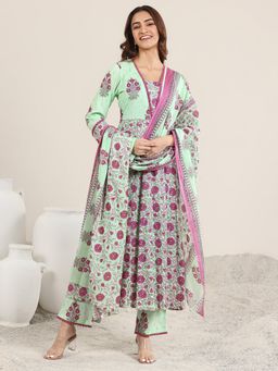 Libas - Women Green Floral Anarkali Kurta with Pant & Dupatta